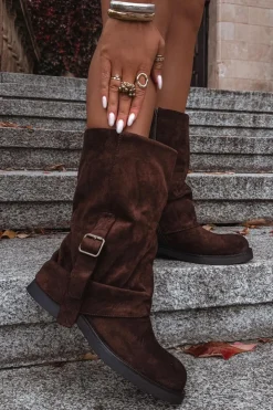 Boto Kozaki Z Wywiniętą Cholewką|Kozaki Płaskie*Kozaki Damskie Z Wywiniętą Cholewką Do Połowy Łydki Z Klamrą Czekoladowe Minelle Brązowy