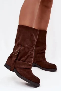 Boto Kozaki Z Wywiniętą Cholewką|Kozaki Płaskie*Kozaki Damskie Z Wywiniętą Cholewką Do Połowy Łydki Z Klamrą Czekoladowe Minelle Brązowy