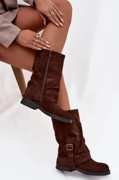 Boto Kozaki Z Wywiniętą Cholewką|Kozaki Płaskie*Kozaki Damskie Z Wywiniętą Cholewką Do Połowy Łydki Z Klamrą Czekoladowe Minelle Brązowy
