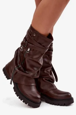 Boto Kozaki Z Wywiniętą Cholewką|Kozaki Płaskie*Kozaki Damskie Z Wywiniętą Cholewką Do Połowy Łydki Z Paskiem Czekoladowe Darisa Brązowy