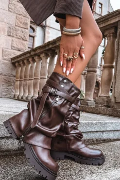 Boto Kozaki Z Wywiniętą Cholewką|Kozaki Płaskie*Kozaki Damskie Z Wywiniętą Cholewką Do Połowy Łydki Z Paskiem Czekoladowe Darisa Brązowy