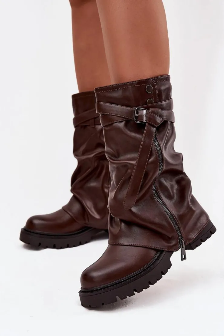 Boto Kozaki Z Wywiniętą Cholewką|Kozaki Płaskie*Kozaki Damskie Z Wywiniętą Cholewką Do Połowy Łydki Z Paskiem Czekoladowe Darisa Brązowy