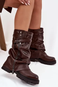 Boto Kozaki Z Wywiniętą Cholewką|Kozaki Płaskie*Kozaki Damskie Z Wywiniętą Cholewką Do Połowy Łydki Z Paskiem Czekoladowe Darisa Brązowy