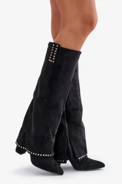 Clearance Boto Kozaki Damskie Z Wywiniętą Cholewką Na Słupku Czarne Kaithena Czarny