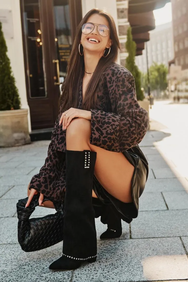 Clearance Boto Kozaki Damskie Z Wywiniętą Cholewką Na Słupku Czarne Kaithena Czarny