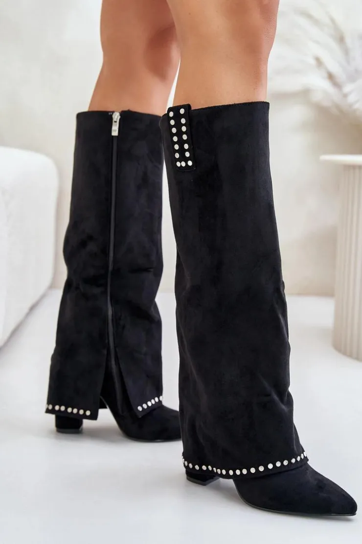 Clearance Boto Kozaki Damskie Z Wywiniętą Cholewką Na Słupku Czarne Kaithena Czarny