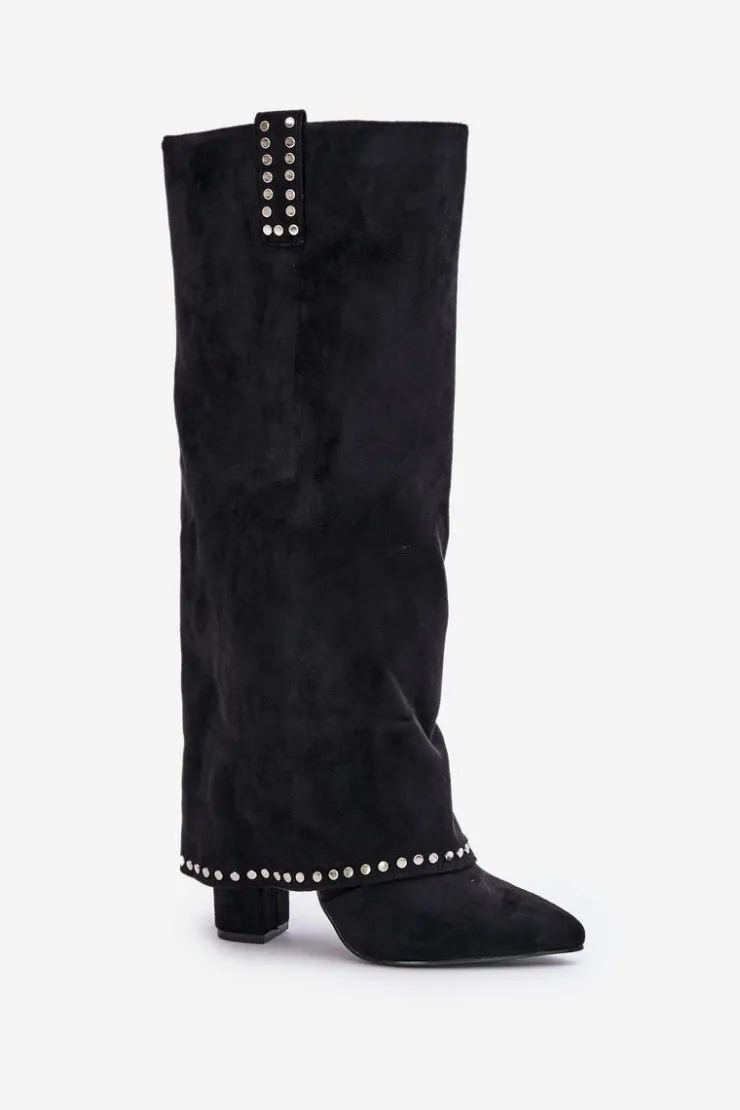 Clearance Boto Kozaki Damskie Z Wywiniętą Cholewką Na Słupku Czarne Kaithena Czarny