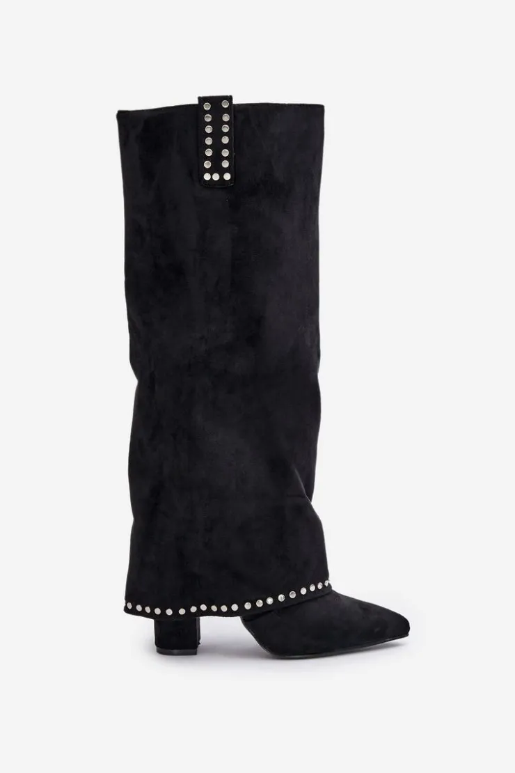 Clearance Boto Kozaki Damskie Z Wywiniętą Cholewką Na Słupku Czarne Kaithena Czarny