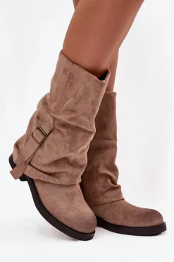 Damskie Boto Kozaki Damskie Z Wywiniętą Cholewką Do Połowy Łydki Z Klamrą Khaki Minelle