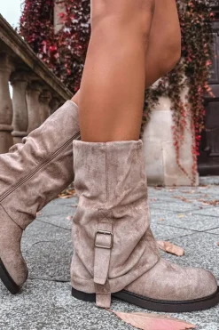 Damskie Boto Kozaki Damskie Z Wywiniętą Cholewką Do Połowy Łydki Z Klamrą Khaki Minelle