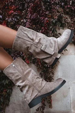 Damskie Boto Kozaki Damskie Z Wywiniętą Cholewką Do Połowy Łydki Z Klamrą Khaki Minelle