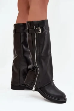 Damskie Boto Kozaki Damskie Z Wywiniętą Cholewką Klamrą I Srebrnym Zamkiem Ocieplane Czarne Bressa