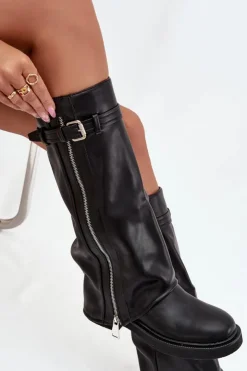 Damskie Boto Kozaki Damskie Z Wywiniętą Cholewką Klamrą I Srebrnym Zamkiem Ocieplane Czarne Bressa