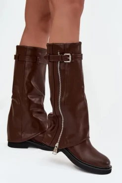 Boto Kozaki Ocieplane|Kozaki Płaskie*Kozaki Damskie Z Wywiniętą Cholewką Klamrą I Srebrnym Zamkiem Ocieplane Brązowe Bressa Brązowy