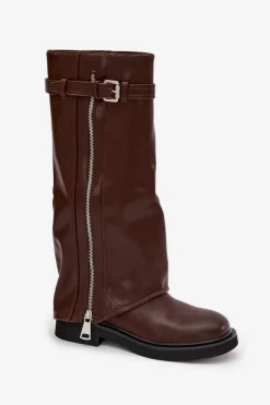 Boto Kozaki Ocieplane|Kozaki Płaskie*Kozaki Damskie Z Wywiniętą Cholewką Klamrą I Srebrnym Zamkiem Ocieplane Brązowe Bressa Brązowy