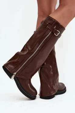 Boto Kozaki Ocieplane|Kozaki Płaskie*Kozaki Damskie Z Wywiniętą Cholewką Klamrą I Srebrnym Zamkiem Ocieplane Brązowe Bressa Brązowy