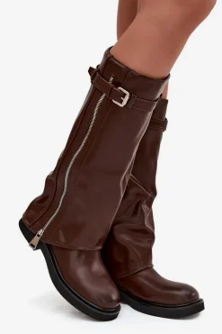 Boto Kozaki Ocieplane|Kozaki Płaskie*Kozaki Damskie Z Wywiniętą Cholewką Klamrą I Srebrnym Zamkiem Ocieplane Brązowe Bressa Brązowy