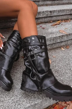 Damskie Boto Kozaki Damskie Z Wywiniętą Cholewką Do Połowy Łydki Z Paskiem Czarne Darisa