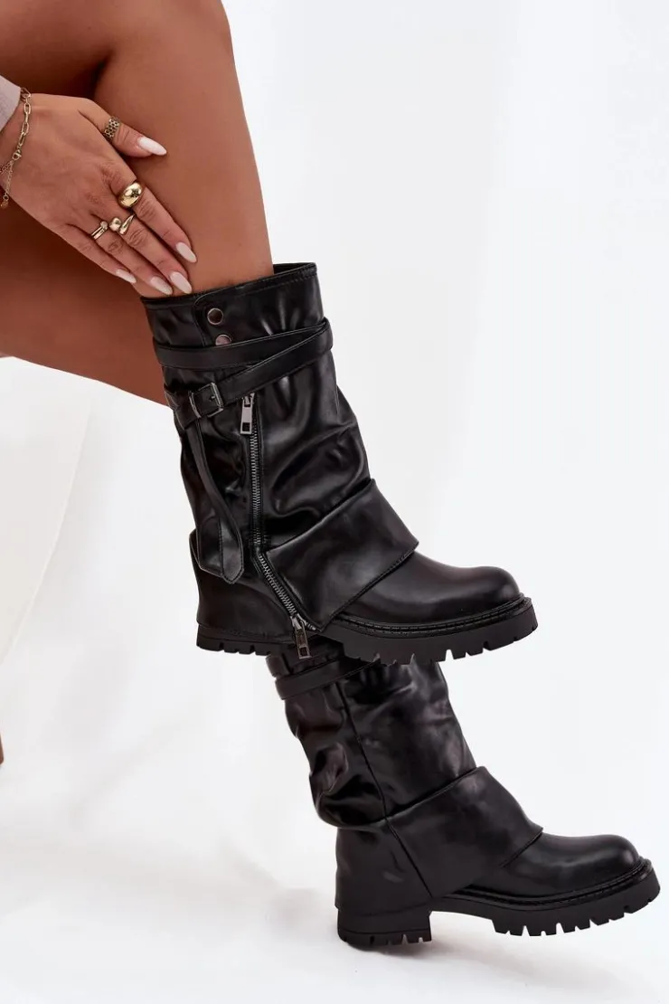 Damskie Boto Kozaki Damskie Z Wywiniętą Cholewką Do Połowy Łydki Z Paskiem Czarne Darisa