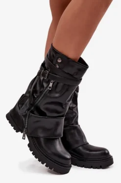 Damskie Boto Kozaki Damskie Z Wywiniętą Cholewką Do Połowy Łydki Z Paskiem Czarne Darisa