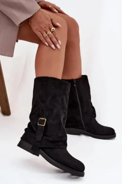 New Boto Kozaki Damskie Z Wywiniętą Cholewką Do Połowy Łydki Z Klamrą Czarne Minelle Czarny