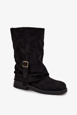 New Boto Kozaki Damskie Z Wywiniętą Cholewką Do Połowy Łydki Z Klamrą Czarne Minelle Czarny