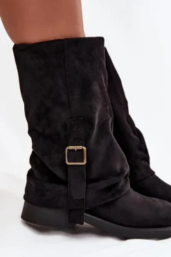New Boto Kozaki Damskie Z Wywiniętą Cholewką Do Połowy Łydki Z Klamrą Czarne Minelle Czarny