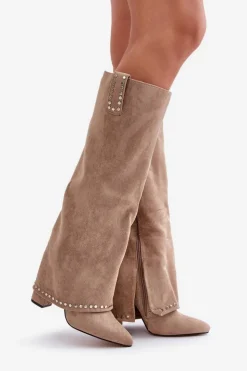 Outlet Boto Kozaki Damskie Z Wywiniętą Cholewką Na Słupku Beżowe Kaithena