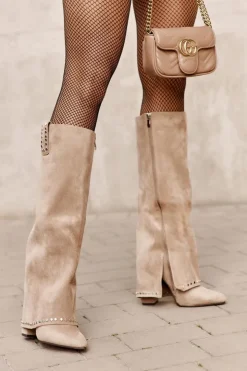 Outlet Boto Kozaki Damskie Z Wywiniętą Cholewką Na Słupku Beżowe Kaithena