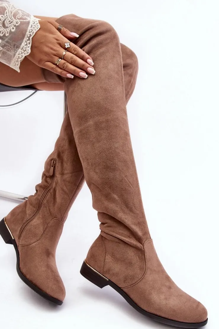 Damskie Boto Kozaki Damskie Za Kolano Na Płaskim Obcasie Beżowe Bikka