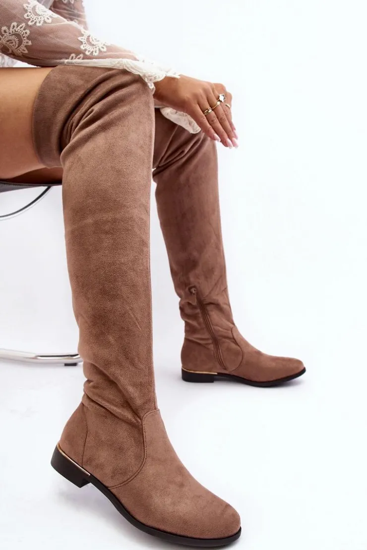 Damskie Boto Kozaki Damskie Za Kolano Na Płaskim Obcasie Beżowe Bikka