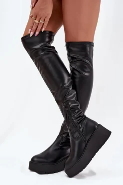 Damskie Boto Kozaki Damskie Za Kolano Na Platformie I Delikatnym Koturnie Czarne Lydira