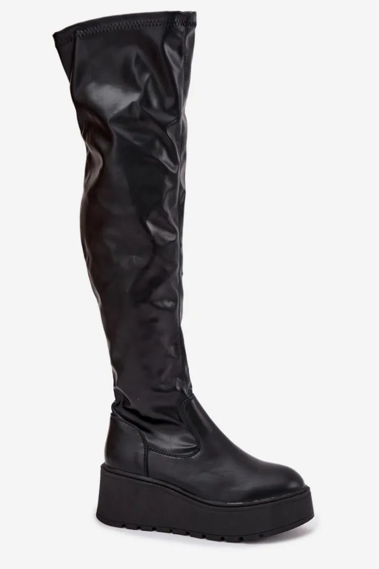 Damskie Boto Kozaki Damskie Za Kolano Na Platformie I Delikatnym Koturnie Czarne Lydira