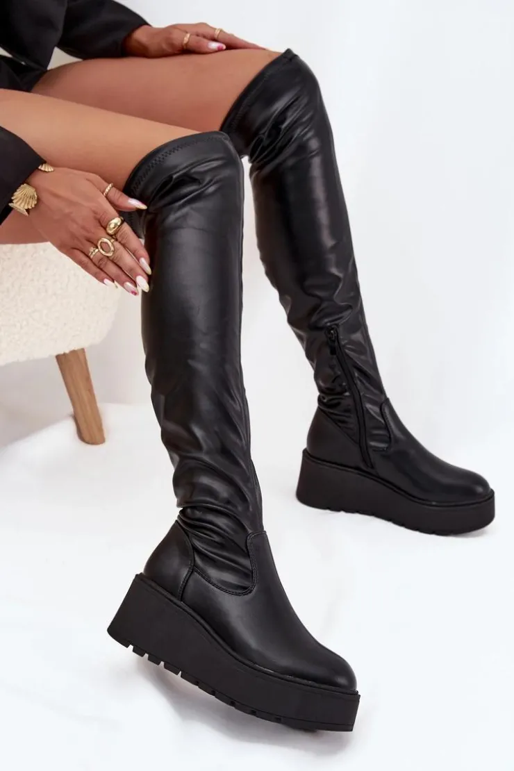 Damskie Boto Kozaki Damskie Za Kolano Na Platformie I Delikatnym Koturnie Czarne Lydira