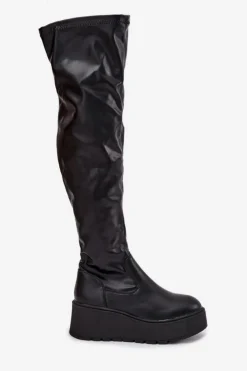 Damskie Boto Kozaki Damskie Za Kolano Na Platformie I Delikatnym Koturnie Czarne Lydira