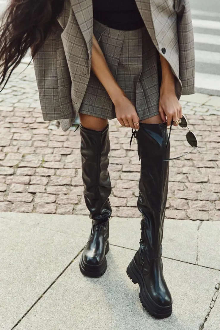 Online Boto Kozaki Damskie Za Kolano Na Masywnej Platformie Czarne Erisna