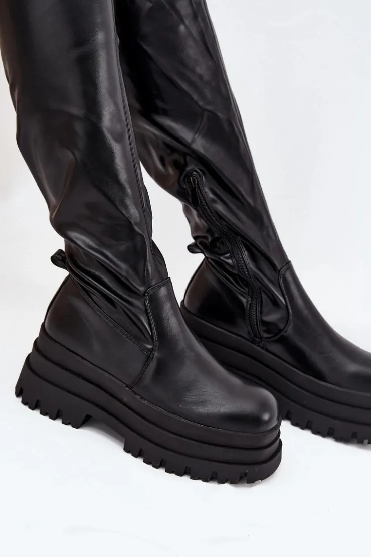 Online Boto Kozaki Damskie Za Kolano Na Masywnej Platformie Czarne Erisna