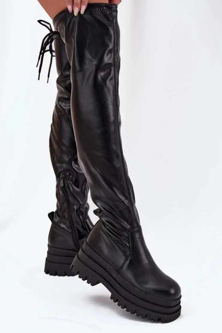 Online Boto Kozaki Damskie Za Kolano Na Masywnej Platformie Czarne Erisna