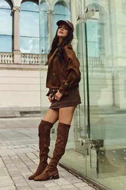 Damskie Boto Kozaki Damskie Za Kolano Na Obcasie Ze Złotym Detalem Brązowe Carina