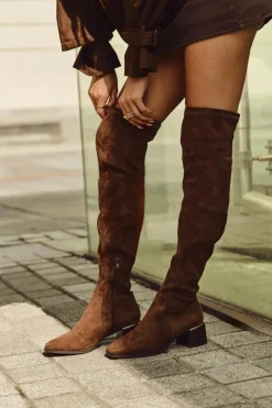 Damskie Boto Kozaki Damskie Za Kolano Na Obcasie Ze Złotym Detalem Brązowe Carina