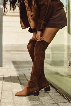 Damskie Boto Kozaki Damskie Za Kolano Na Obcasie Ze Złotym Detalem Brązowe Carina