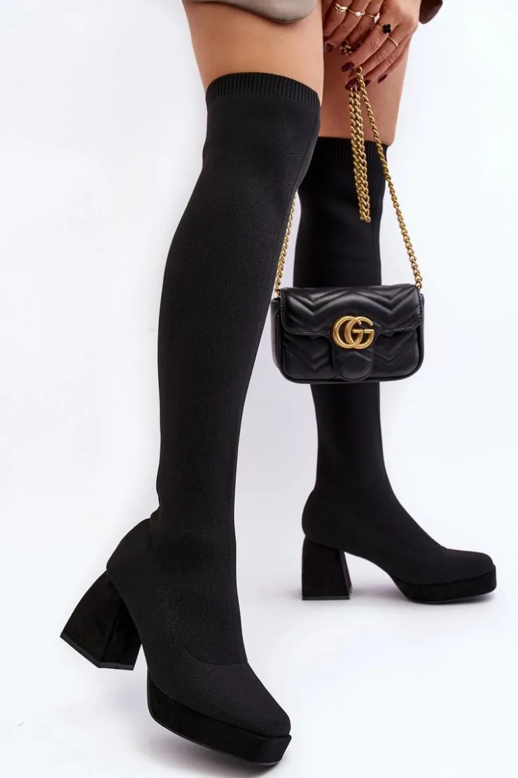 Damskie Boto Kozaki Damskie Za Kolano Na Platformie I Obcasie Czarne Manaliis