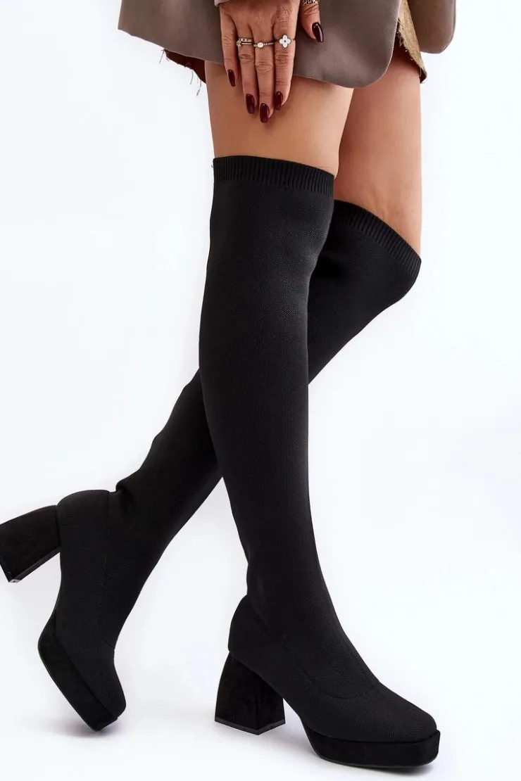 Damskie Boto Kozaki Damskie Za Kolano Na Platformie I Obcasie Czarne Manaliis