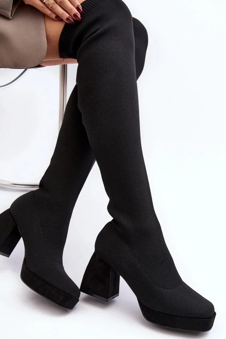 Damskie Boto Kozaki Damskie Za Kolano Na Platformie I Obcasie Czarne Manaliis