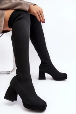 Damskie Boto Kozaki Damskie Za Kolano Na Platformie I Obcasie Czarne Manaliis