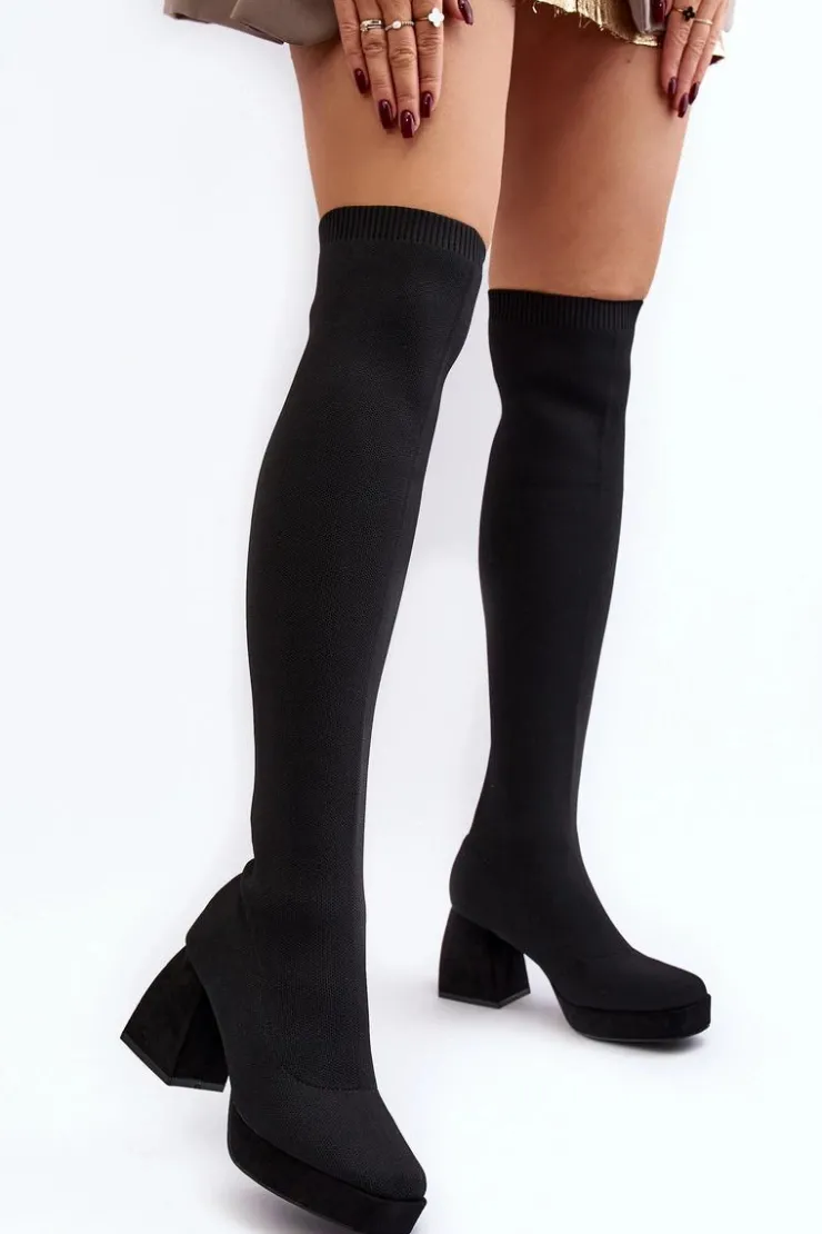 Damskie Boto Kozaki Damskie Za Kolano Na Platformie I Obcasie Czarne Manaliis