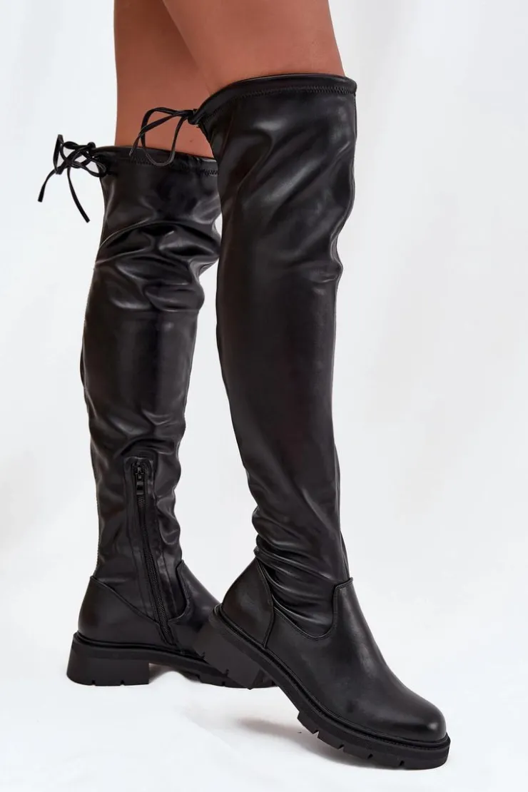 Damskie Boto Kozaki Damskie Za Kolano Z Wiązaniem Czarne Rylissa