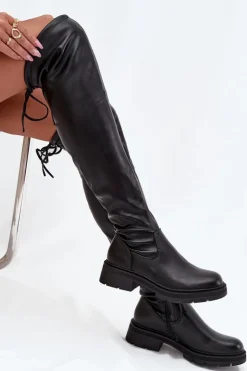 Damskie Boto Kozaki Damskie Za Kolano Z Wiązaniem Czarne Rylissa