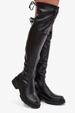 Damskie Boto Kozaki Damskie Za Kolano Z Wiązaniem Czarne Rylissa
