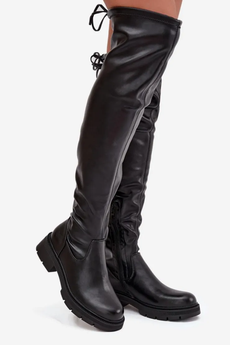 Damskie Boto Kozaki Damskie Za Kolano Z Wiązaniem Czarne Rylissa